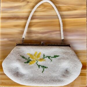 Vintage 1950’s white beaded handbag with yellow floral detail on front and back
